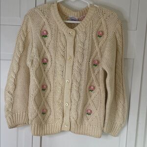 Vintage Mine Alone Cream Button-Up Sweater with Pink Floral Embroidery Sz4T